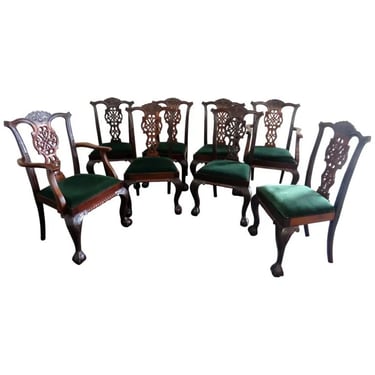 Rare set 8 19th Century Irish Chippendale Georgian Solid Mahogany Dining Chairs
