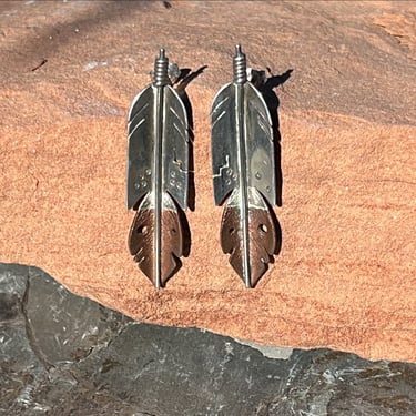 Tsosie and Mary Taylor ~ Vintage Navajo Sterling and Copper Leaf Post Earrings 