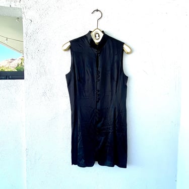 Vintage 90s Satin Minimalist High Neck Cutout Shiny Black Short Mini Dress 