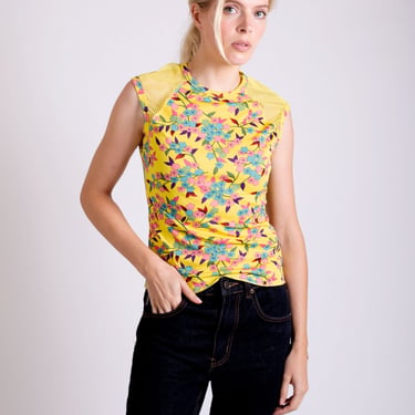 Vintage Jean Paul Gaultier Yellow Floral Print Top with Mesh Cap Sleeves by JPG Jeans 90s Y2K Minimal Tattoo Cherry Blossom 