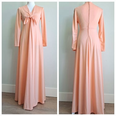 1970's Vintage Luscious Peach Long Sleeve Empire Waist Maxi Dress XS-S 