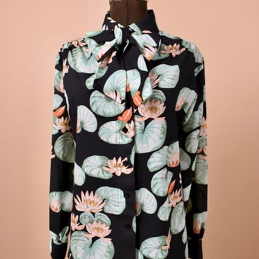 Black 70s Lily Pad Pattern Blouse with Bow By Vera, L