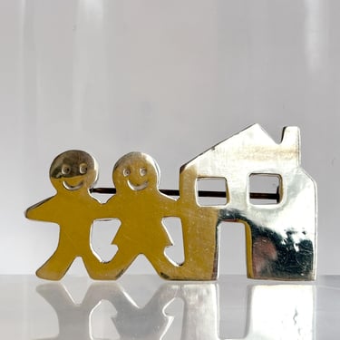 Mexican Made Sterling Silver Couple with House Vintage 925 Stamped Taxco Southwest Brooch Pin 