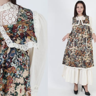 Vintage 70s Rustic Pilgrim 2 Piece Dress, Pioneer Prairie Homestead Floral Smock 