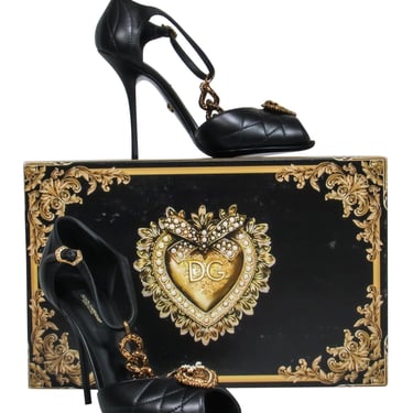 Dolce & Gabbana - Black Quilted T-Strap Peep Toe Pumps w/ Gold Heart & Chain Sz 8.5