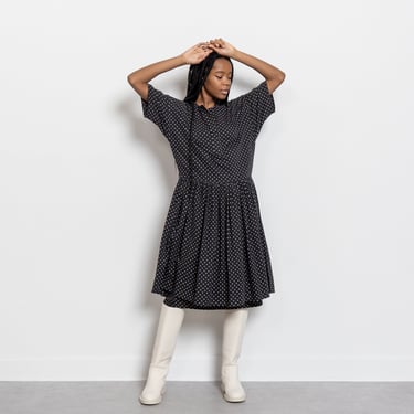 POLKA DOT MAXI Dress Black Beige Vintage Relaxed Fit Cotton Designer France / Small 