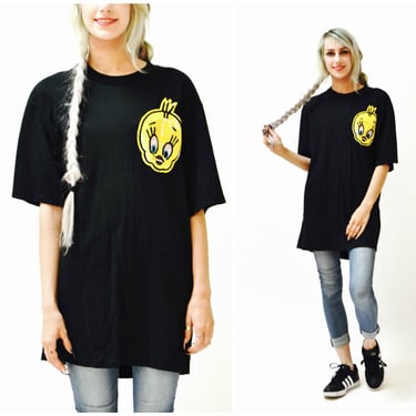 Vintage Sequin Shirt Black Tee Shirt with Tweety Bird Sequin Patch Looney Tunes Comic Large By Jeanette for St martin Disney 