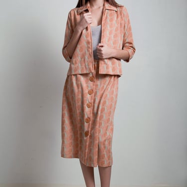 70s vintage skirt set suit 2-piece salmon orange abstract rose poly knit open front jacket LARGE L 
