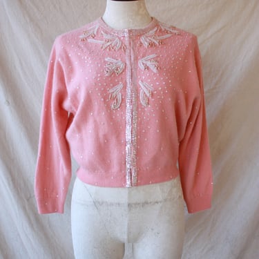 50s Pink Beaded Cardigan Angora Wool Blend Size M 