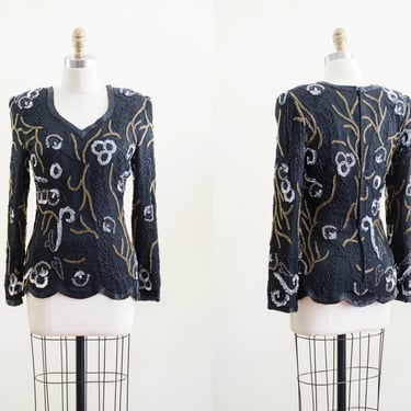 beaded silk blouse | 80s 90s vintage Lawrence Kazar Art Deco black gold silver floral nipped waist long sleeve shirt 