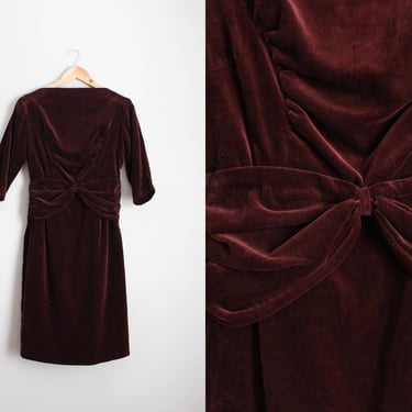 50s Bourgogne Dress / 60s Burgundy VELVET Party Dress / 50s Dress / Mid Century / Bow Dress / Holiday Dress /Size XS/S 