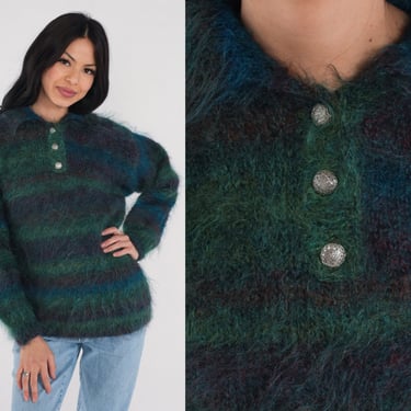 Striped Mohair Sweater 90s Fuzzy Knit Collared Sweater Green Blue Brown Pullover Jumper Retro Preppy Half Button Up Vintage 1990s Medium M 