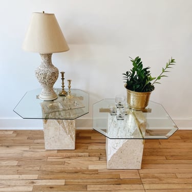 Artedi Style Tessellated Stone, Brass & Glass End Tables