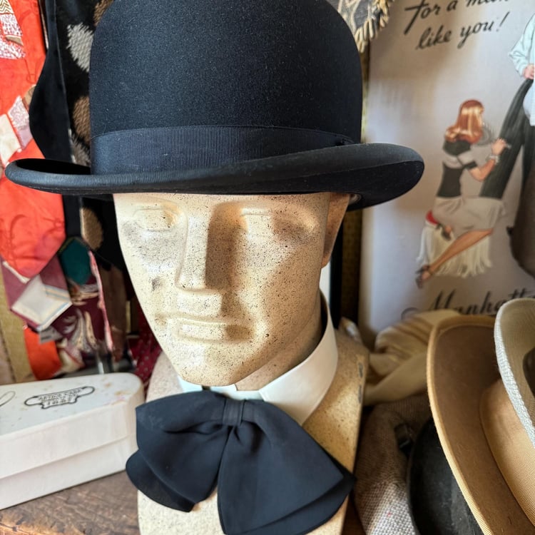 Vintage Black Beaded Wool Derby Hat with Bow Made in USA Vintage Black Wool Felt Bowler Hat Maeve Carr main image 3
