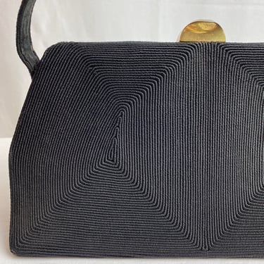 Vintage 1940’s 50’s black purse soutache / cord handbag Pinup style MCM stylish little box purse cloth top handle size Medium 