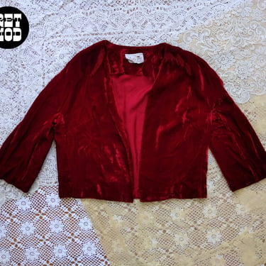 Sexy Slinky Vintage 70s Dark Red Crushed Velvet Cropped Jacket Top 