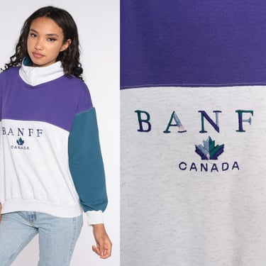 Banff Sweatshirt Vintage Color Block Canada Sweatshirt 90s Alberta Sweatshirt Quarter Zip Slouchy White Purple 1990s Sweater Extra Large xl 