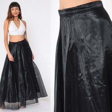 Black Organza Maxi Skirt 90s Long Evening Skirt High Waisted Formal Party Prom Skirt Shimmery Sheen Flowing Cocktail Vintage 1990s Large 12 