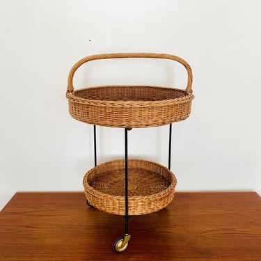 Lovely Mid-Century Modern Wicker Tea Trolley or Bar Cart | 1950s 