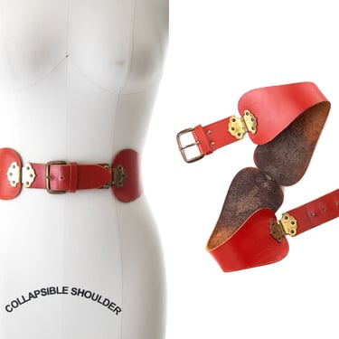 Vintage 1950s Cinch Belt | 50s Red Leather Brass Hinge High Waisted Belt (medium) 