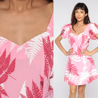 Pink Hawaiian Dress Tropical Mini Dress 80s Surfer Dress 1980s Vintage Fern Leaf Puff Sleeve Dress Summer Sheath Sweetheart Neckline Small 6 