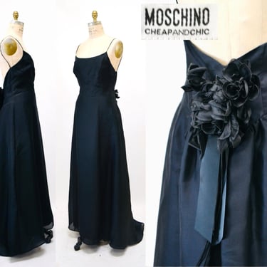 Vintage Moschino Black Evening Ball Gown Medium Large Black Silk Evening Gown Dress Flower Black Tie Wedding Evening Gown Dress Moschino 