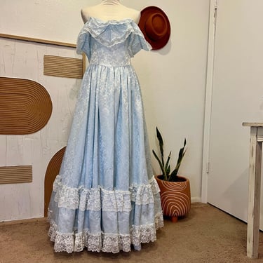 70s Vintage Gunne Sax Blue Floral Inlay Lace Ruffle Trim Tulle Dress USA XS 