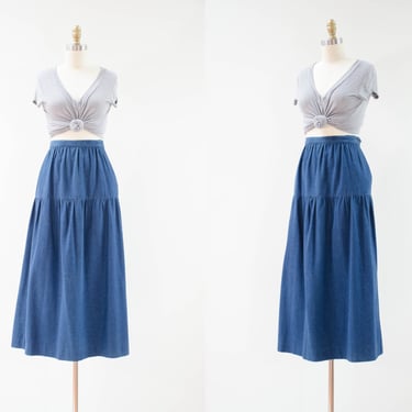 tiered jean skirt | 80s 90s vintage prairie cottagecore style long denim ankle maxi skirt 