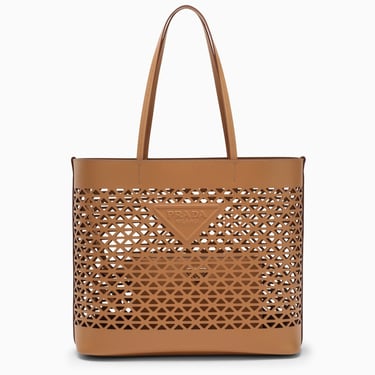 Prada Large Brown Perforated Leather Shopping Bag Women