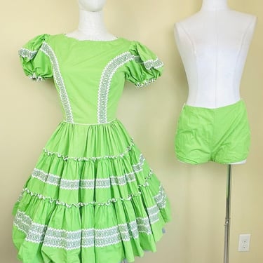 1960s Vintage Lime Green Ric Rac Trim Square Dance Set / 60s Silver Western Puffed Sleeve Dress and Hot Pants / Small 