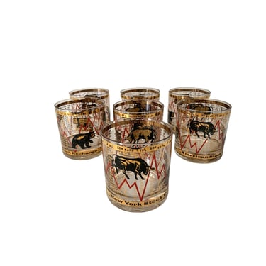 Midcentury Bear And Bull Stock Exchange Rocks Glasses- Set of 7 