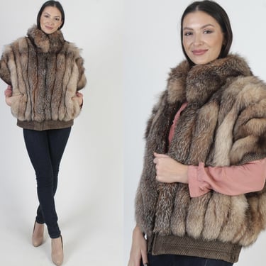 Crystal Red Saga Fox Fur Vest, Vintage 80s Real Arctic Sleeveless Jacket, Brown Corded Zip Up Bomber Coat 