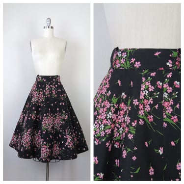 Vintage 1950s floral skirt size small cotton fit and flare circle skirt dark floral 