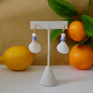 Beaded Seashell Dangle Earrings / Colorful Pearl Earrings / Handmade Jewelry 