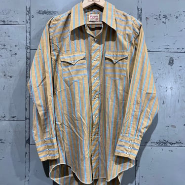 L 70s Wrangler Striped Western Button Up Shirt blue and beige Striped Vertical stripes 