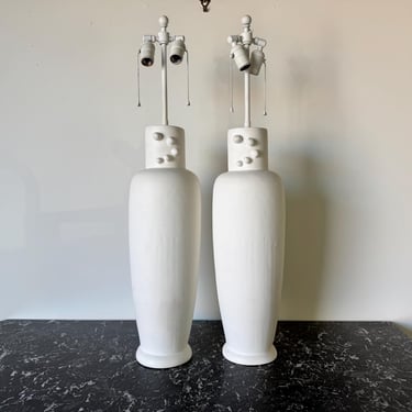 Tall Vintage White Matte Glaze Ceramic Table Lamps – A Pair 
