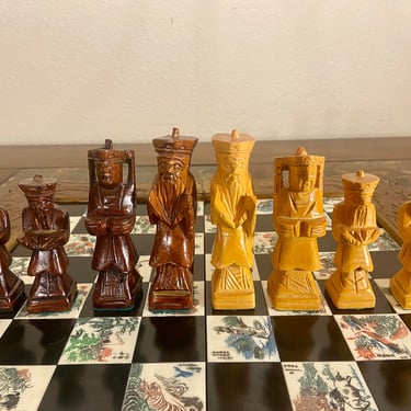 Vintage- Chinese Hand Carved Wood Chess Set 32 