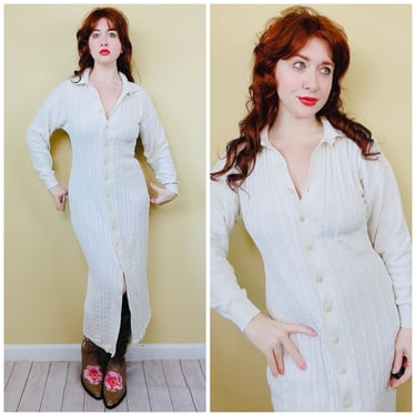 1990s Vintage Karen Alexander Cream Cotton Maxi Dress / 90s Cable Knit Button Front Body Dress / Size Medium 