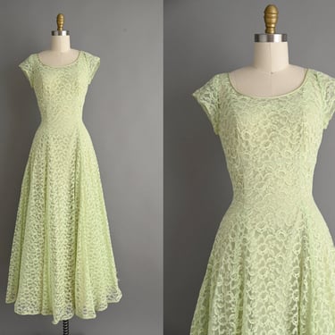 Vintage 1950s Dress | Emma Domb Beautiful Soft Lime Green Lace Full Length Party Prom Dress | Small 