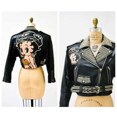 Vintage Black Leather Motorcycle Jacket Betty Boop Studded Rhinestone Jacket by Maizar// 90s 80s Black Leather Biker Jacket Comic MEDIUM 