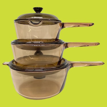 Vintage Vision Pots With Lids Retro 1980s Contemporary + Amber Brown + Glass + 6 Pieces + Non-Toxic + Cookware + Kitchen + Cooking Stovetop 
