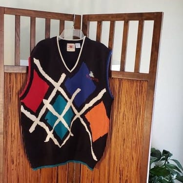 Vintage 80s Colorful Crazy Cotton V Neck Sweater Vest  L  Barleycorn's Made in Hong Kong Hip Hop 