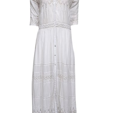 LoveShackFancy - White Eyelet Trim Cotton Button Front Maxi Dress Sz M