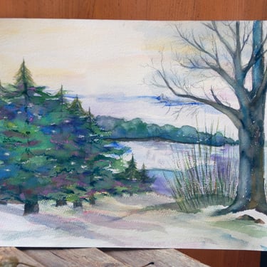 Vintage watercolor woods & lake painting / Winter forest scene woodland art / nature tree paintings / cottage cabin decor /  vintage art 