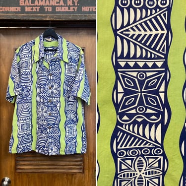 Vintage 1940’s Size L “Kamehameha” Tiki Tribal Cotton Hawaiian Shirt, 40’s Vintage Clothing 