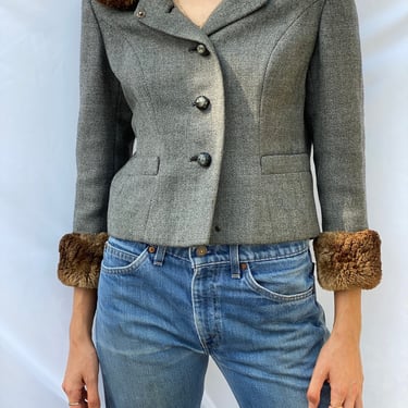 Vintage 60s Fur Wool Jacket / Cropped Fur Jacket / Wool + Fur Collar and Sleeve Cuffs Crop Jacket / Sixties Twiggy Style / New Look 