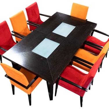 Contemporary Modern Ebonized Wood & Glass Expandable Dining Table and 8 Chairs 
