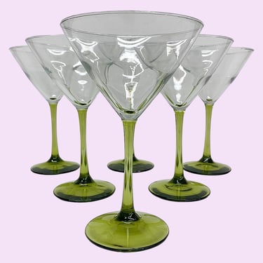 Vintage Martini Glasses Retro 1990s Contemporary + Clear Glass + Green Stems + Set of 6 + Cocktail Glass + Modern Barware + Color Stemware 