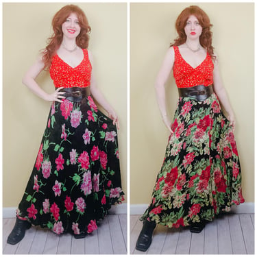 1990s Vintage Red and Black Floral Reversible Skirt / 90s Rayon Chiffon Maxi Witcht Skirt / XL - XXL 