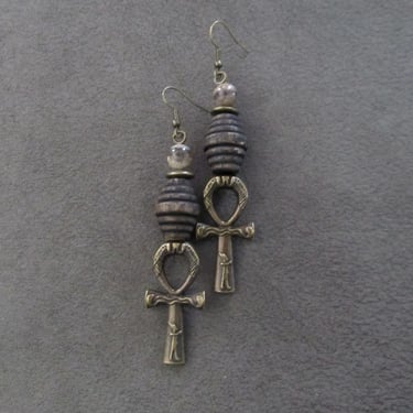 Ankh earrings bronze, Egyptian African earrings, bold statement earrings, fertility symbol, Afrocentric Tibetan agate 